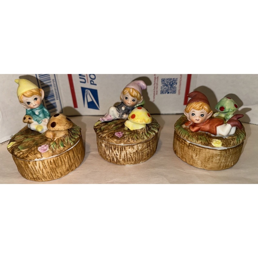 Vintage Homco 5404 Pixie Gnome Elf Mushroom Ceramic Trinket Box Set Of 3
